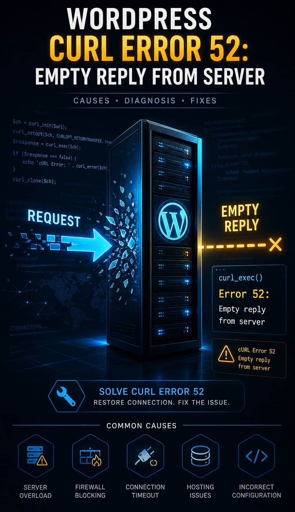 Vertical technical infographic showing WordPress cURL Error 52 empty reply from server, with broken HTTP request hitting a server, code snippets like curl_exec(), and steps to diagnose and fix server response issues.