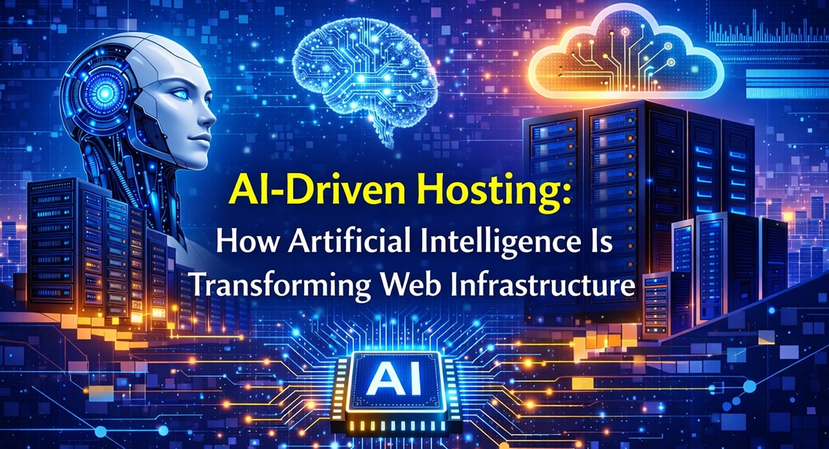 Visual illustration of AI-driven hosting, showing artificial intelligence managing cloud computing and modern web server infrastructure