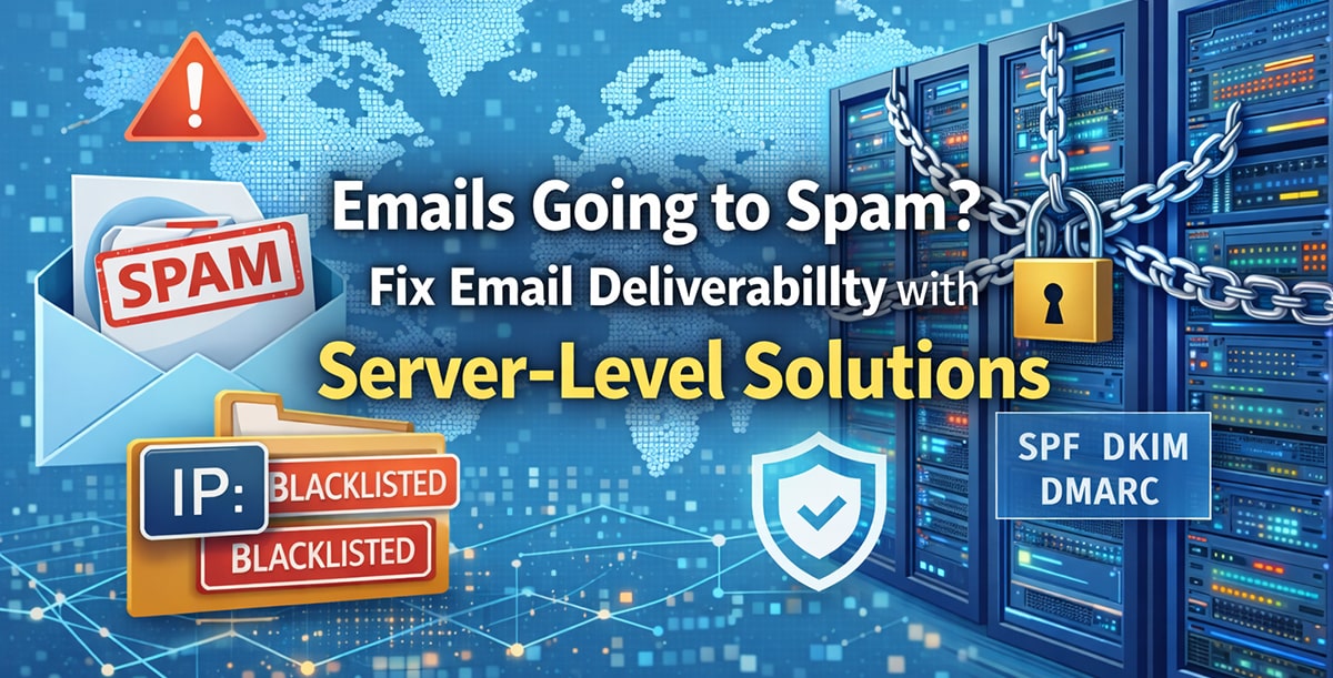 Emails going to spam illustration showing email deliverability issues and server-level solutions