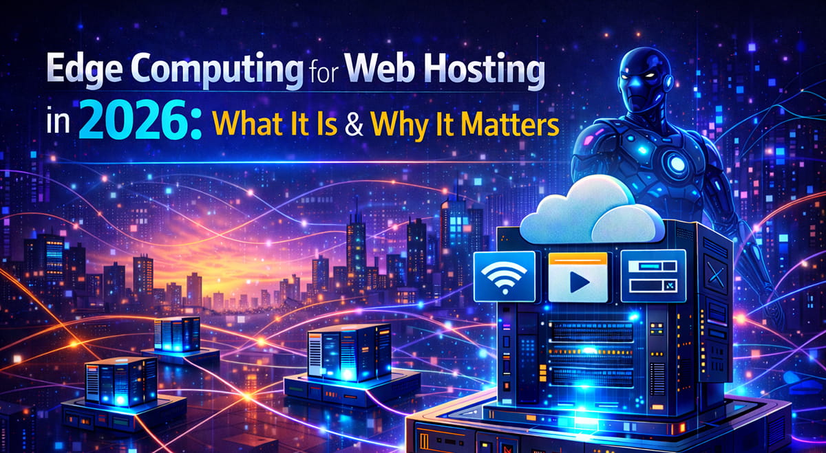 Futuristic edge computing network for web hosting in 2026 with connected servers and cloud.