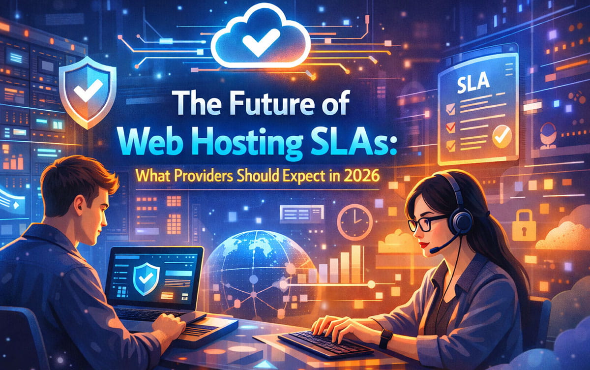 Web Hosting SLAs 2026 cover with server visuals and IT professionals working