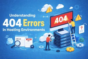 Understanding 404 errors in hosting environments showing server issues, broken links, error logs, and engineers troubleshooting missing web pages