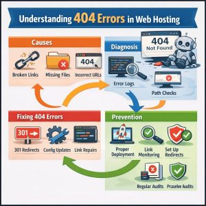 404 error in web hosting infographic showing causes like broken links and missing files, diagnosis using logs, fixes with redirects, and prevention best practices.