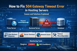504 gateway timeout error infographic showing proxy server, backend delay, database response issues, and fixes like scaling, monitoring, and timeout configuration in hosting servers.