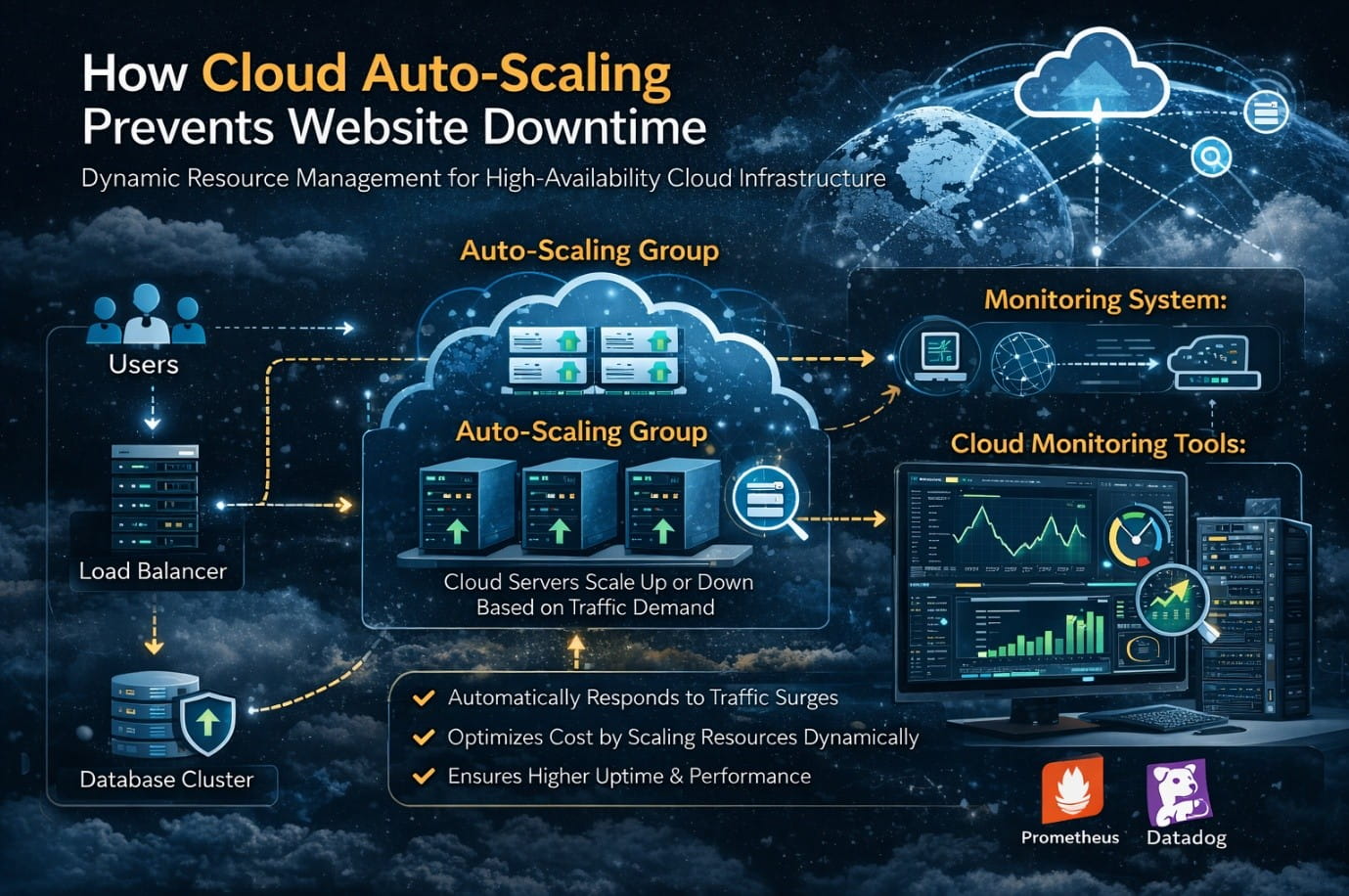 Cloud auto-scaling infrastructure diagram showing load balancer distributing website traffic across dynamically scaling cloud servers monitored by infrastructure engineers to prevent server overload and maintain high website uptime.