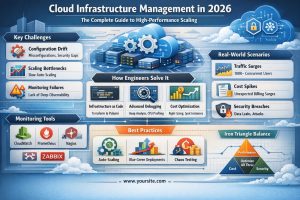 Cloud infrastructure management in 2026 infographic showing configuration drift, scaling bottlenecks, monitoring tools like CloudWatch and Prometheus, infrastructure as code, cost optimization, and real-world traffic and security scenarios