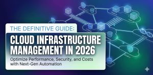 Cloud infrastructure management in 2026 diagram showing monitoring tools, auto-scaling, load balancing, security layers, and cost optimization strategies in modern cloud environments