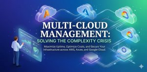 A senior infrastructure engineer and data analyst collaborate in a 24/7 NOC environment, monitoring a sophisticated holographic dashboard that displays real-time multi-cloud management metrics, 100% uptime, and cost optimization data.