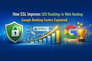 SSL improves SEO rankings infographic showing HTTPS security, search ranking growth chart, Google trust signals, and secure web hosting benefits. 