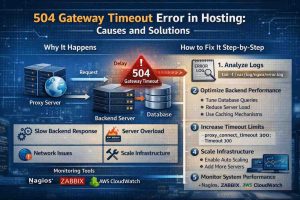 504 gateway timeout error infographic showing request flow from proxy to backend server and database, causes like slow response and overload, and step-by-step fixes including log analysis, optimization, timeout increase, scaling, and monitoring tools.