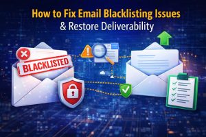 Email blacklisting issue illustration showing server IP flagged as spam