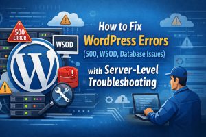 WordPress error troubleshooting infographic showing how to fix 500 error, WSOD, and database issues using server-level solutions.