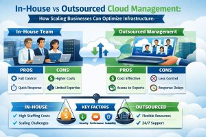 Infographic comparing in-house vs outsourced cloud management showing pros, cons, cost, scalability, control, and 24/7 support for growing businesses
