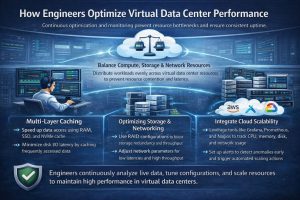 Infographic performance through resource allocation, multi-layer caching, storage and network optimization, proactive monitoring, and cloud scalability to ensure high performance and reliability.