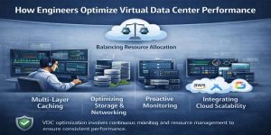 Infographic showing how engineers optimize virtual data center performance. 