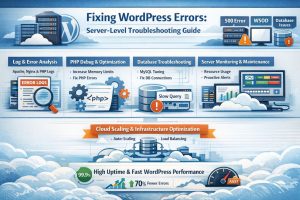 Infographic showing WordPress error fixes for 500 error, WSOD, and database issues with server-level troubleshooting steps and performance optimization.