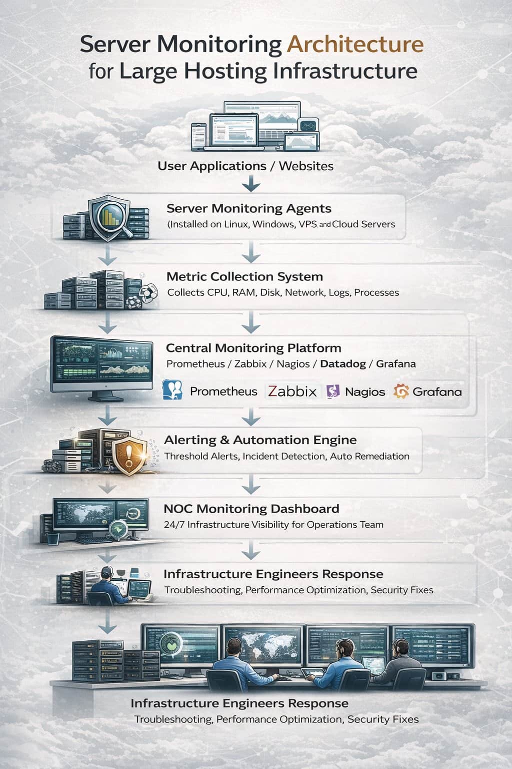 Scalable server monitoring architecture: agents sending data to a centralized NOC dashboard.