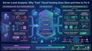 senior infrastructure engineer using a tablet to manage a futuristic NOC dashboard titled "Server-Level Analysis," featuring real-time telemetry charts and health metrics for 24/7 cloud environment oversight