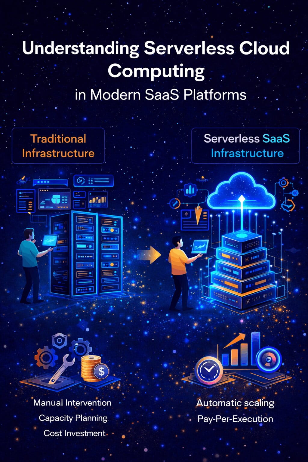Comparison of traditional infrastructure and serverless architecture benefits for scalable SaaS cloud platforms