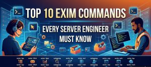 Infographic showing top Exim commands for email troubleshooting, mail queue monitoring, SMTP debugging, and optimizing email delivery in cPanel servers