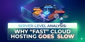 A conceptual diagram shows a server rack with a magnifying glass examining internal components like CPU and RAM. Labels pinpoint hidden bottlenecks such as 'I/O Wait' and 'CPU Steal Time', explaining why 'fast' cloud hosting might slow down and providing a visual summary for a server-level analysis blog.