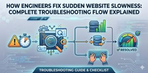 A flow diagram showing the troubleshooting process for fixing a slow website, starting from an alert and leading to resolution steps involving coding, databases, and servers, finally ending with a "resolved" status.