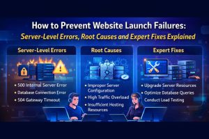 How to Prevent Website Launch Failures title banner highlighting server-level errors, root causes, and expert fixes for hosting and cloud infrastructure environments.