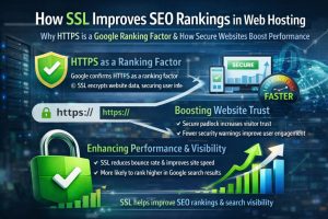 “How SSL improves SEO rankings in web hosting showing HTTPS security, Google ranking factors, trust signals, encryption, and website performance growth in search results