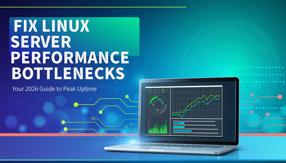Fix Linux server performance bottlenecks guide with laptop showing system monitoring dashboard and performance graphs