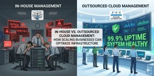 Comparison of in-house vs outsourced cloud management showing how Managed vs In-House Cloud affects server uptime and performance monitoring for scaling businesses.