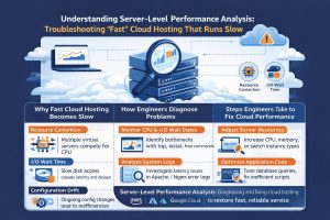 Server-level performance analysis infographic showing causes and fixes for slow cloud hosting