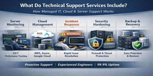 Infographic showing what technical support services include, covering server monitoring, cloud management (AWS, Azure, Google Cloud), incident response, security hardening, and backup recovery used by infrastructure engineers to prevent downtime and ensure high uptime performance.