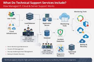 Infographic explaining what technical support services include, showing server monitoring, cloud infrastructure management, incident response, security hardening, and backup systems handled by infrastructure engineers to prevent downtime and ensure high-performance IT operations.