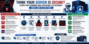 Clean and simplified cybersecurity infographic showing how AI bots scan, exploit vulnerabilities, steal session tokens, and bypass MFA, along with key defenses like FIDO2 hardware keys, continuous monitoring, server hardening, and secure best practices.
