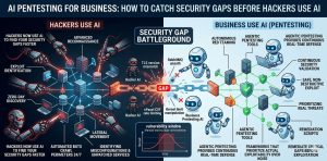 A side-by-side infographic illustrating how businesses use agentic pentesting tools to continuously find security gaps versus how hackers use AI for automated reconnaissance and zero-day discovery, with specific technical examples like TLS version mismatch and CSF rate limiting.