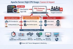 Infographic showing Apache server high CPU usage with 100% CPU load, slow response, high TTFB, 504 gateway timeout errors, dropped connections, root causes like MPM misconfiguration, PHP-FPM bottlenecks, DDoS traffic, and solutions like KeepAlive tuning, MaxRequestWorkers optimization, Nginx reverse proxy, and real-time server monitoring