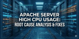 A high-resolution 3D isometric view of a data center server room featuring glowing blue data streams and a digital interface overlay displaying a CPU performance graph and process logs.