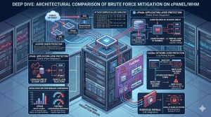 A detailed technical infographic showing a cPanel/WHM server defending against attacks from the public internet. The diagram compares cPHulk’s application-layer protection, which tracks login failures in a database, against Fail2Ban’s network-layer protection, which uses log parsing and regex to trigger firewall drop rules. Includes performance charts and service port mappings.