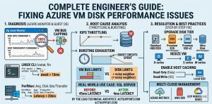 a detailed technical infographic to visually explain the root causes, diagnostic steps, and resolutions for Azure VM disk performance issues as described.