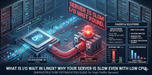 It establishes a strong visual contrast, showing an agile CPU with low utilization on one side and a heavily stressed disk subsystem causing massive latency on the other, visualizing the "I/O Wait" bottleneck that causes slow servers even when the processor appears idle.