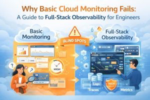 Cloud monitoring vs observability infographic showing blind spots in basic monitoring and full-stack observability with metrics logs and traces