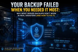 High-tech server infrastructure showing secure offsite backup recovery using FIDO2 hardware keys and immutable storage architecture.