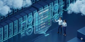 Isometric illustration of an enterprise data center in 2026 showing engineers using a holographic checklist to manage AWS, Azure, and Google Cloud infrastructure security and cost optimization