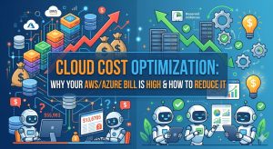 On the left side, representing the "High Bill" problem, there are rising red graphs, money bags with dollar signs, and servers glowing with high-cost alerts. On the right side, representing "Optimization," there are green downward-trending graphs, checkmarks, lightbulbs, and gears. Small, friendly robots are shown on both sides—one side appearing overwhelmed by costs and the other efficiently managing data on tablets. The center of the image features a prominent, semi-transparent blue banner with the text: "CLOUD COST OPTIMIZATION: WHY YOUR AWS/AZURE BILL IS HIGH & HOW TO REDUCE IT" written in bold, clean white and yellow typography. The background uses a high-tech, dark blue aesthetic with faint circuit and cloud icons.