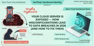 Technical infographic showing a 2026 cloud server exploit loop where AI bots bypass 6-digit MFA by stealing session tokens, contrasted with a zero-trust hardened zone using FIDO2 hardware keys and Continuous Access Evaluation.
