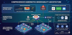 Detailed Kubernetes monitoring architecture showing Prometheus and Grafana integration for real-time cluster observability and server management.