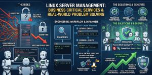 A technical 1200x600 infographic detailing Linux server management. The left section, labeled "THE RISKS," shows server outages, broken locks, and red warning icons representing downtime and security breaches. The middle section, "ENGINEERING WORKFLOW & DIAGNOSIS," displays command-line interface snippets for nmap, netstat, and iptables, illustrating the root cause analysis of service and firewall failures. The right section, "THE SOLUTIONS & BENEFITS," features calm professionals and green checkmarks representing proactive monitoring, server hardening, and 24/7 resolution. A prominent central title reads: "LINUX SERVER MANAGEMENT: BUSINESS CRITICAL SERVICES & REAL-WORLD PROBLEM SOLVING." The design is professional, using a corporate blue and dark gray color palette with high-tech icons.