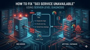 A technical flowchart detailing the decision logic to diagnose 503 errors, covering five zones: Gateway Overload, Web Server (Nginx) connection checks, App Pool (PHP-FPM) resource exhaustion, Host System metrics, and Dependency Layer connection failures.