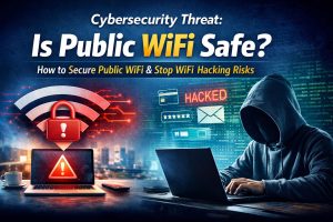 Illustration showing public WiFi cybersecurity risks with hacker performing man-in-the-middle attack, highlighting how to secure public WiFi and prevent data breaches