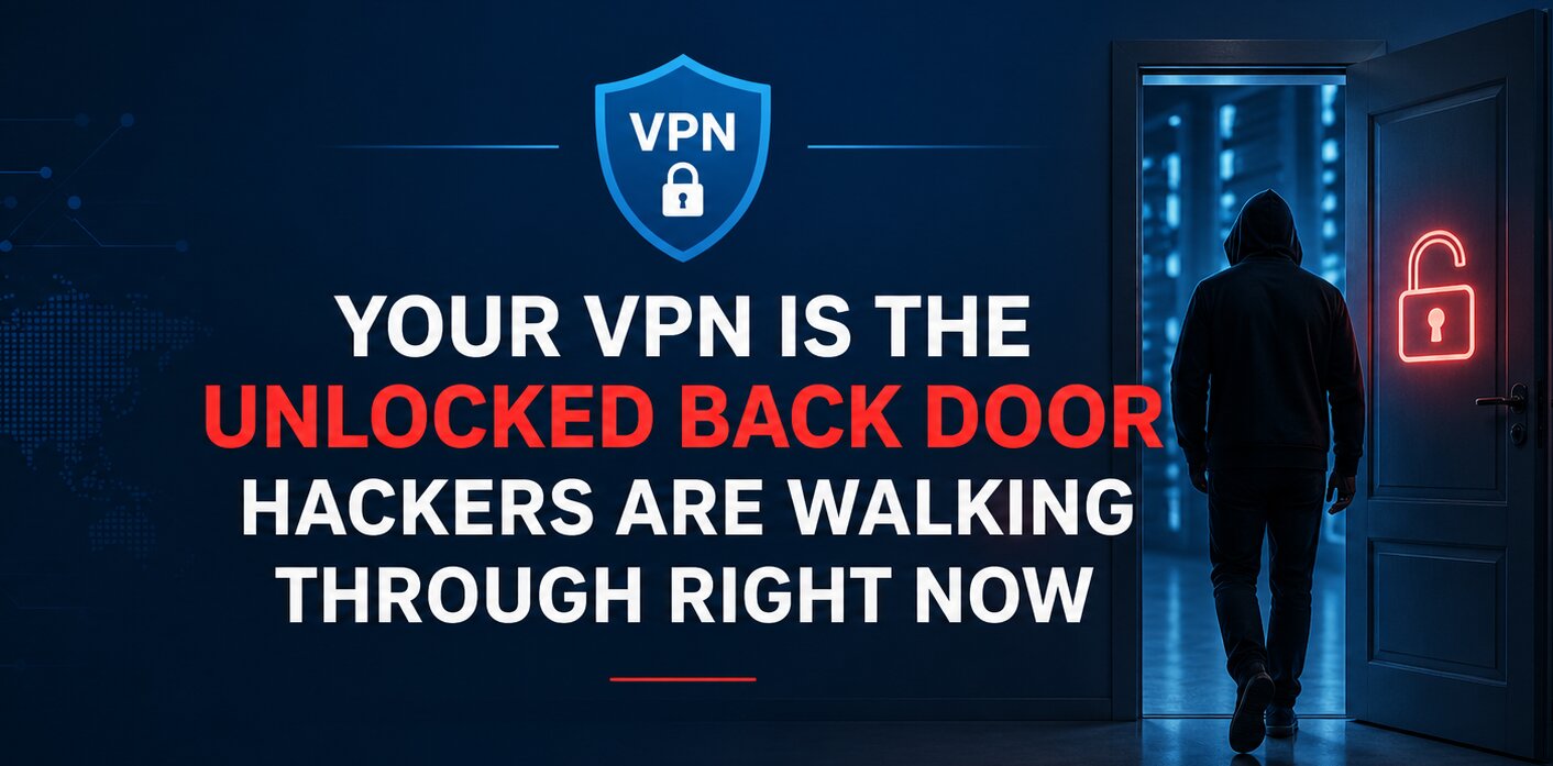 VPN vulnerability concept with hackers accessing network through backdoor